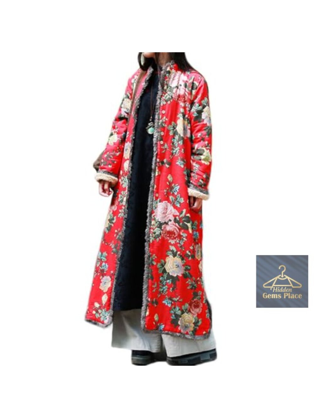 Vintage Floral Trench Coat Fleece Lined Long Warm Button Up Winter